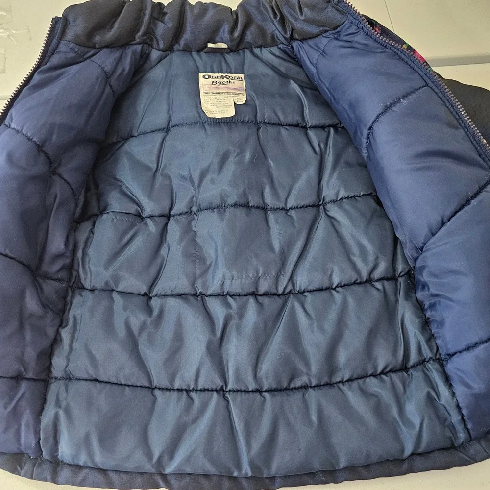 Vintage 90s OshKosh B'gosh Girls 4T Winter Coat Navy Floral Retro Hood Faux Fur